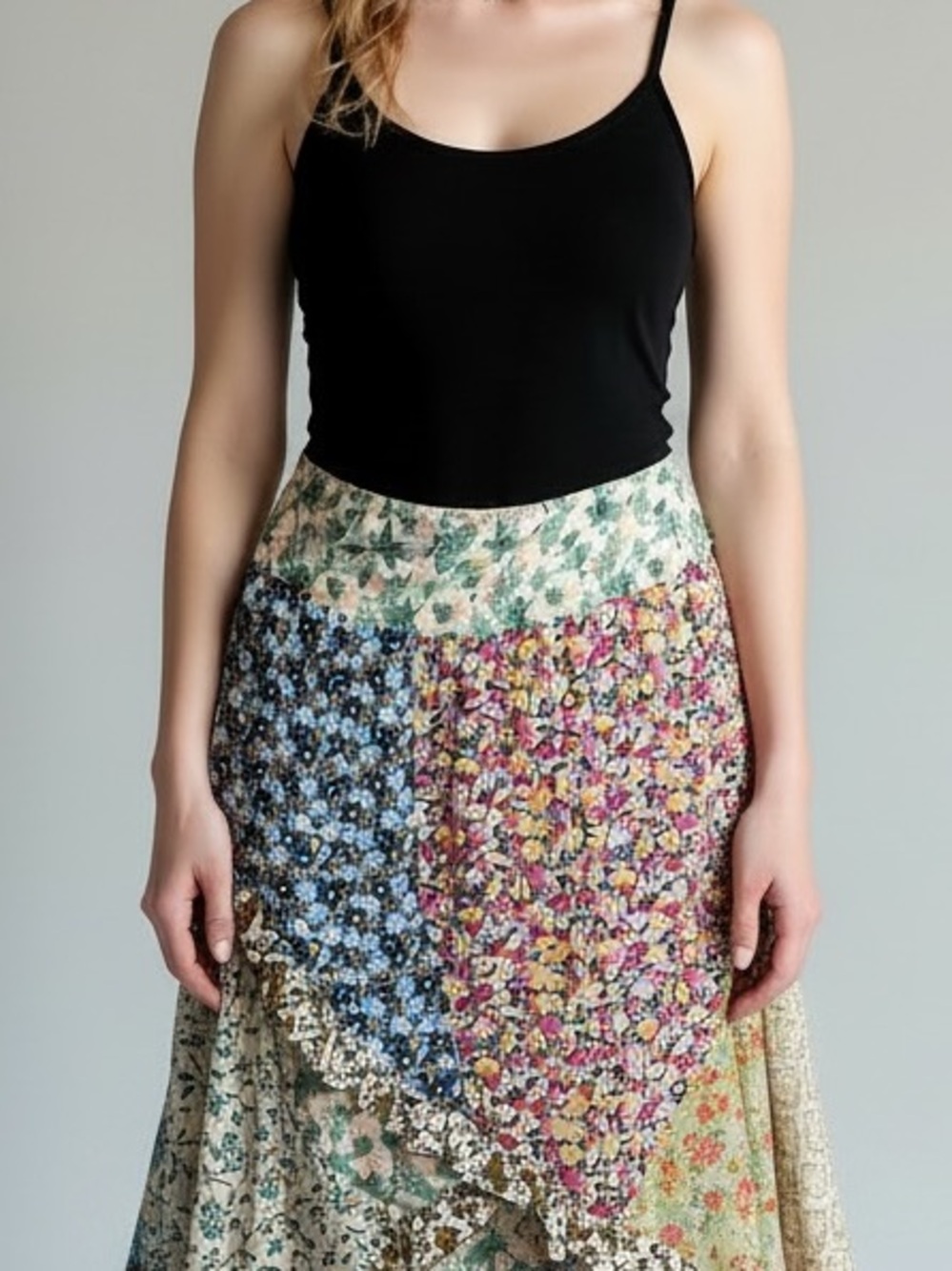 Jaded Gypsy L/XL Front Wrap Hi Low Patchwork Ruffled Floral Maxi Skirt